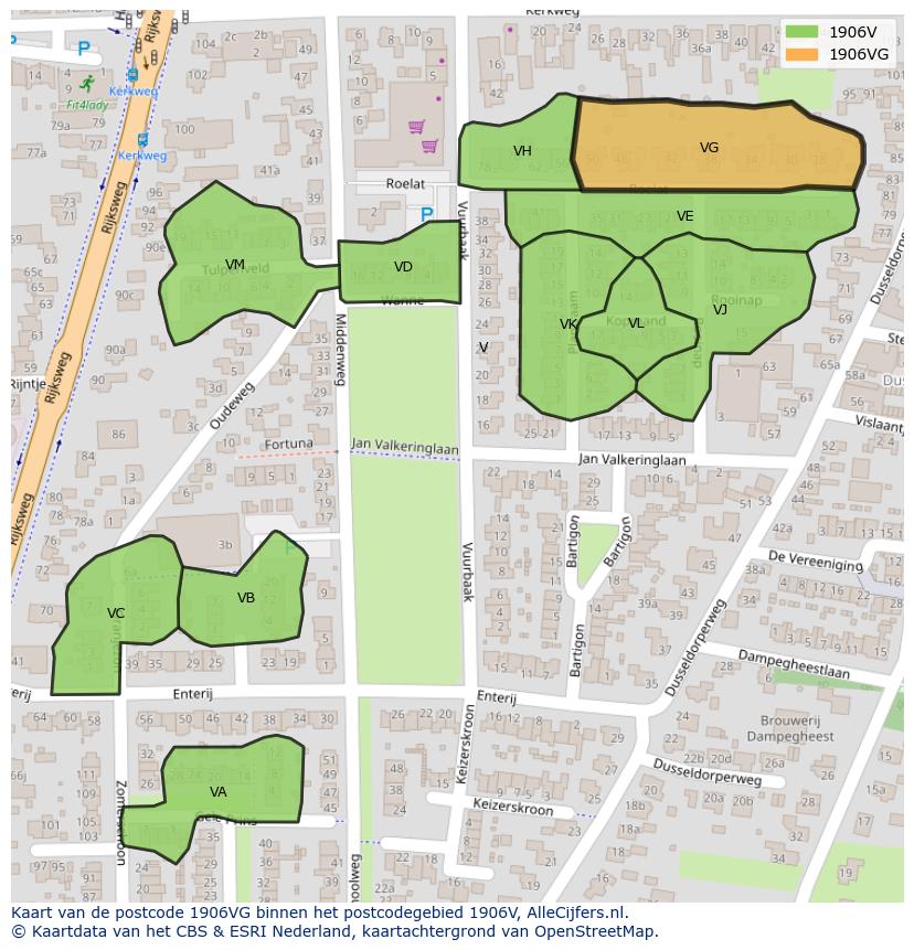 Afbeelding van het postcodegebied 1906 VG op de kaart.