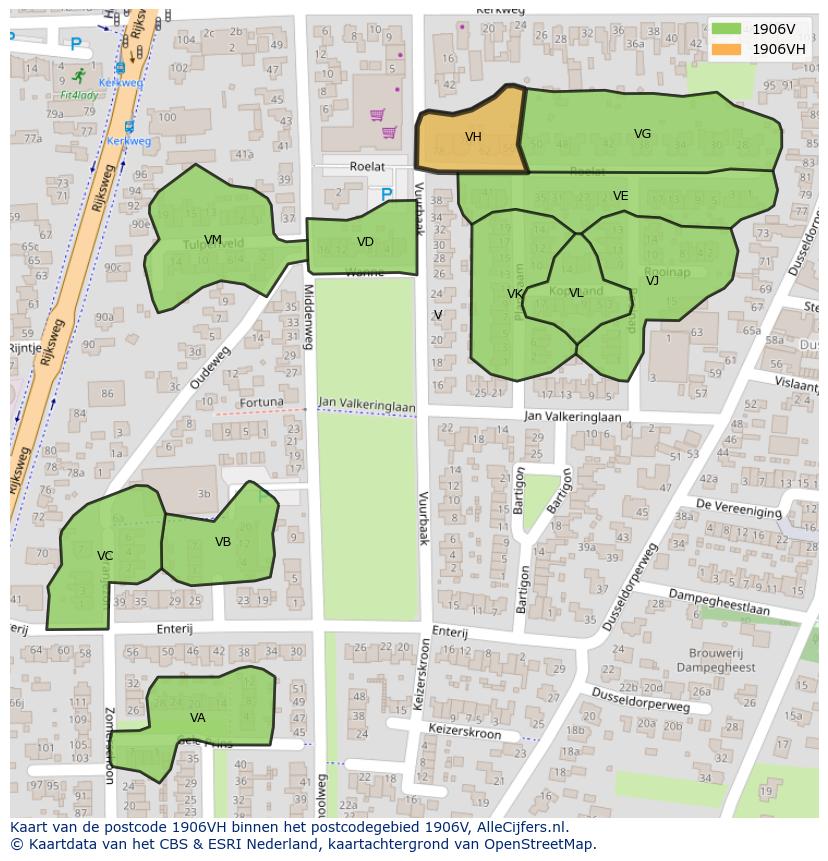 Afbeelding van het postcodegebied 1906 VH op de kaart.