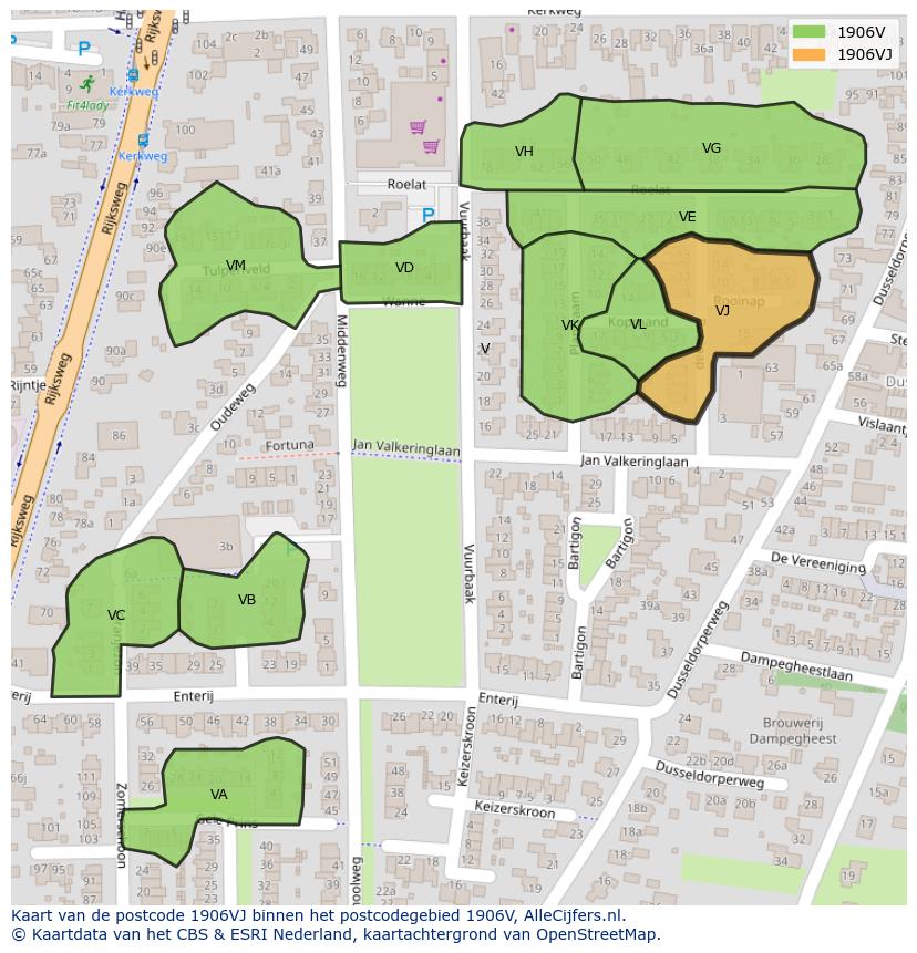 Afbeelding van het postcodegebied 1906 VJ op de kaart.