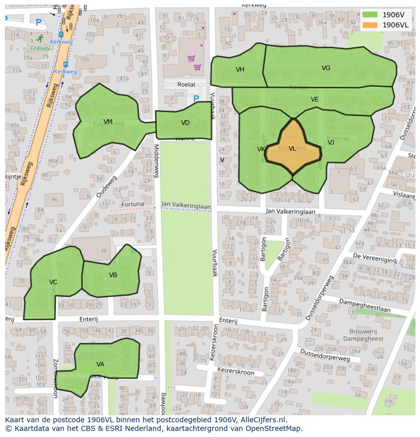 Afbeelding van het postcodegebied 1906 VL op de kaart.