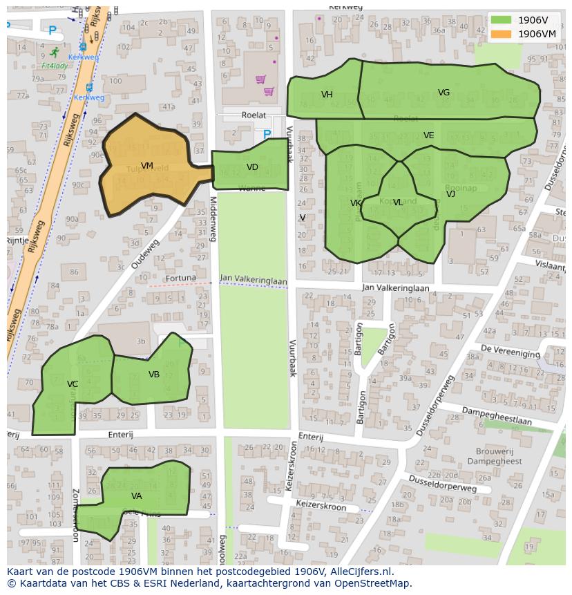 Afbeelding van het postcodegebied 1906 VM op de kaart.