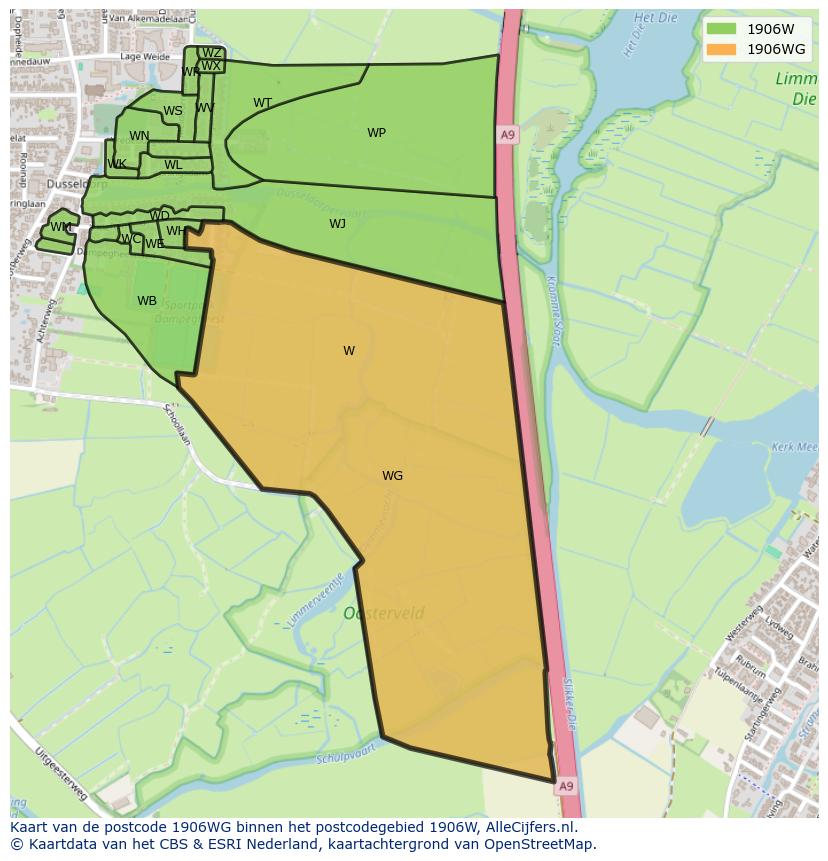 Afbeelding van het postcodegebied 1906 WG op de kaart.