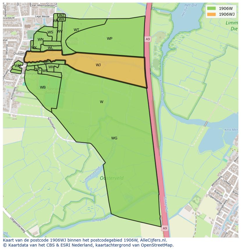 Afbeelding van het postcodegebied 1906 WJ op de kaart.