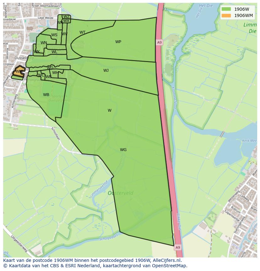 Afbeelding van het postcodegebied 1906 WM op de kaart.