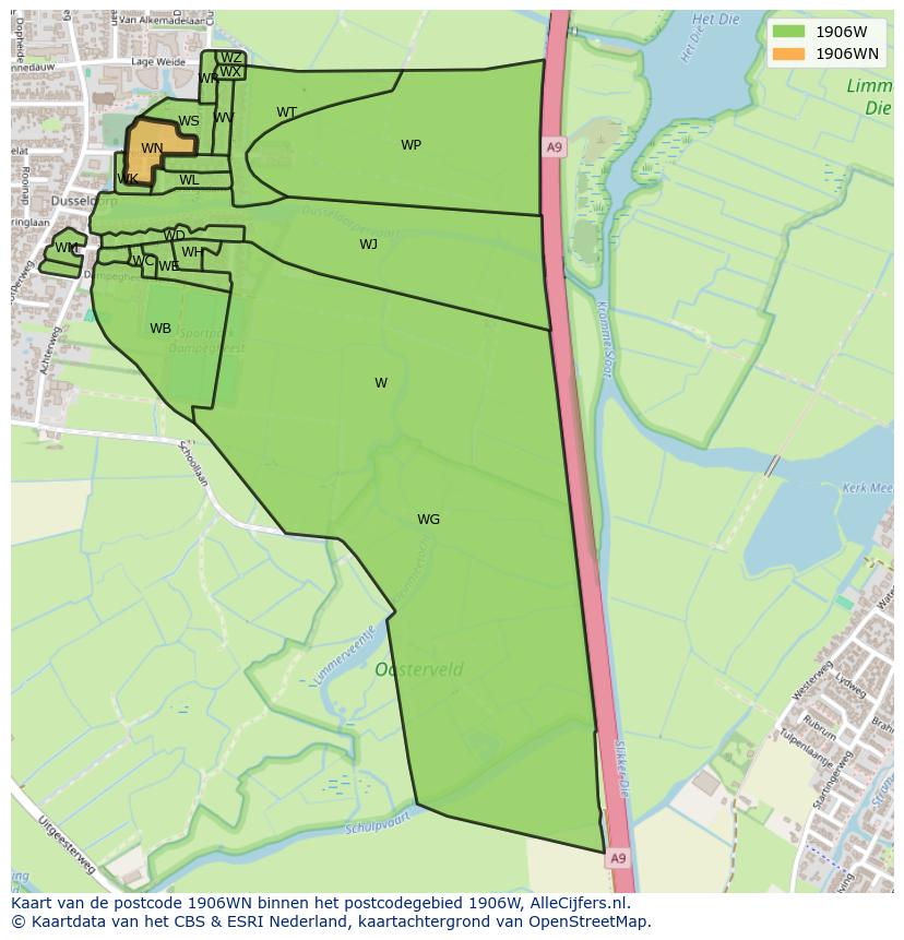 Afbeelding van het postcodegebied 1906 WN op de kaart.