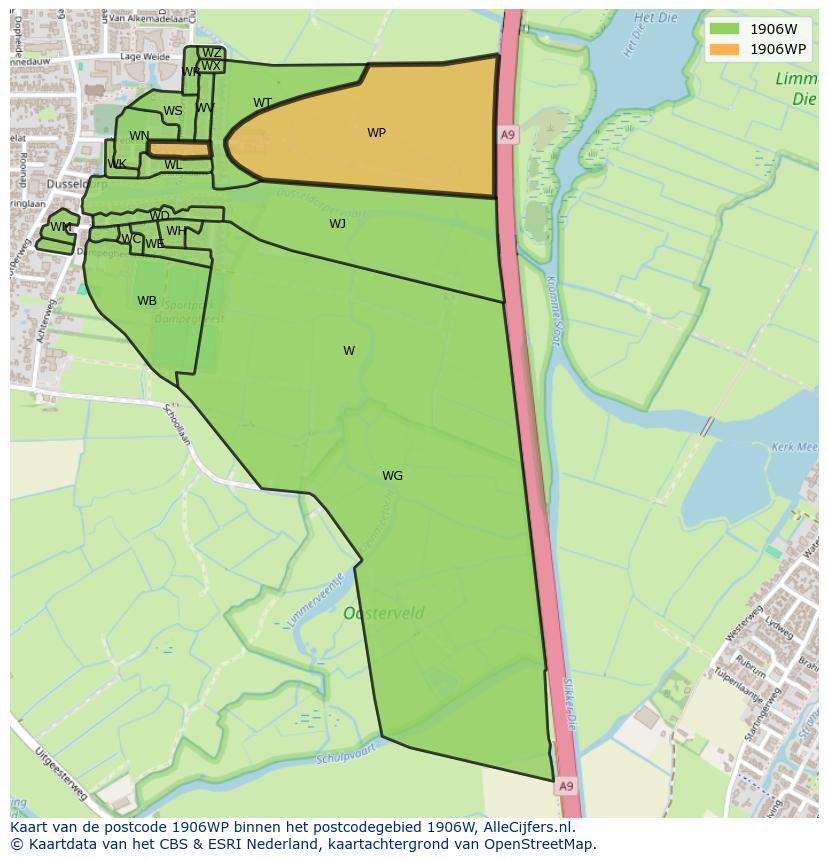 Afbeelding van het postcodegebied 1906 WP op de kaart.