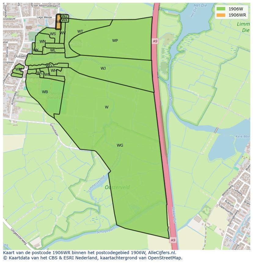 Afbeelding van het postcodegebied 1906 WR op de kaart.