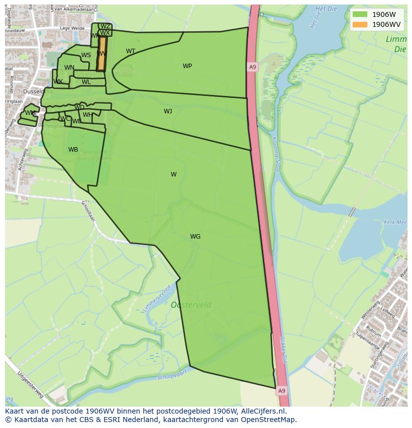 Afbeelding van het postcodegebied 1906 WV op de kaart.