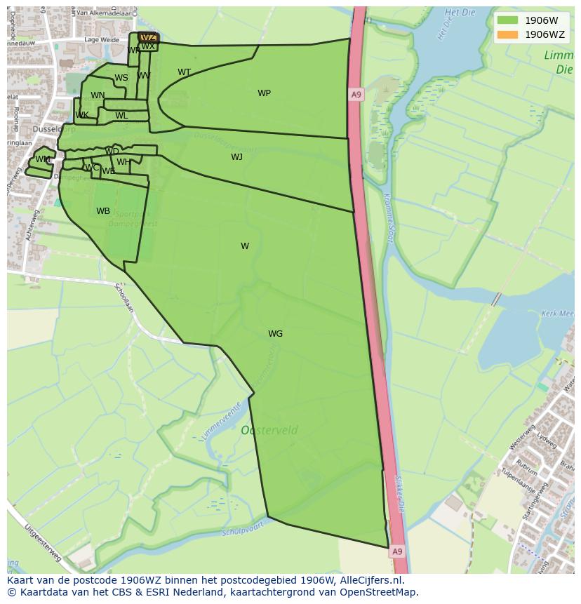 Afbeelding van het postcodegebied 1906 WZ op de kaart.