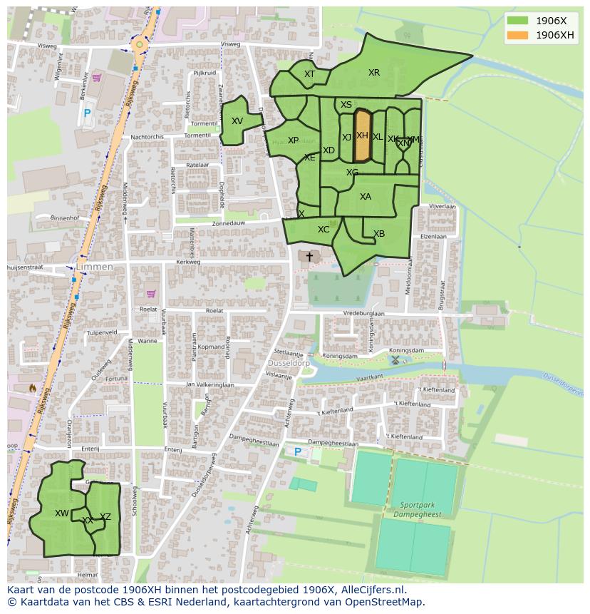 Afbeelding van het postcodegebied 1906 XH op de kaart.