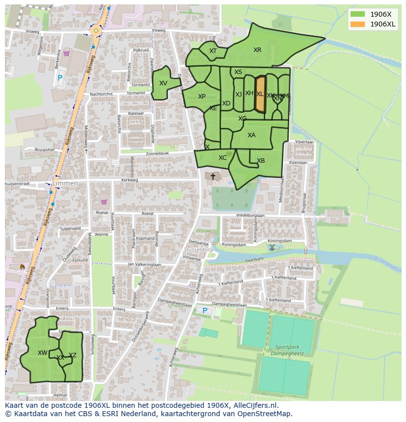 Afbeelding van het postcodegebied 1906 XL op de kaart.