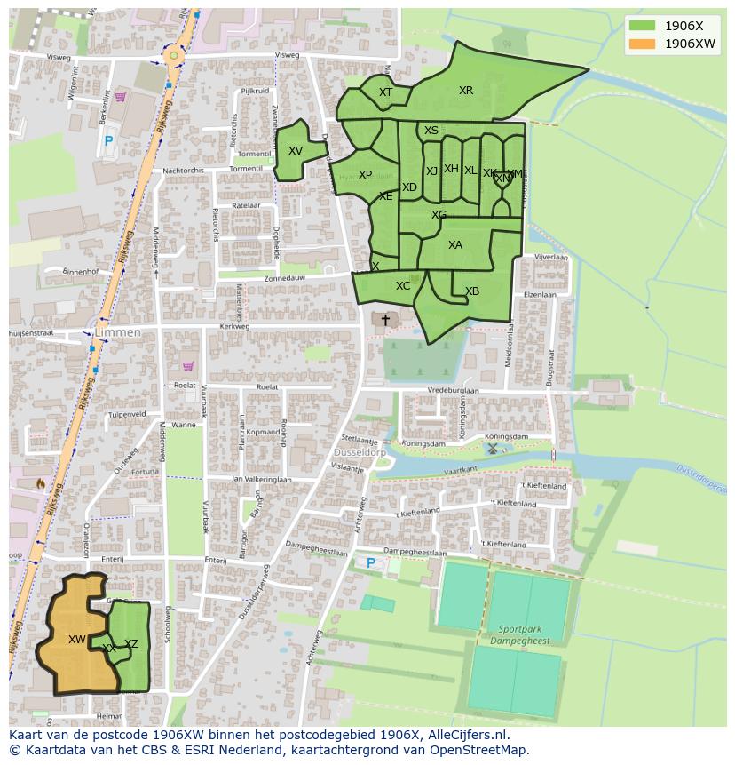 Afbeelding van het postcodegebied 1906 XW op de kaart.