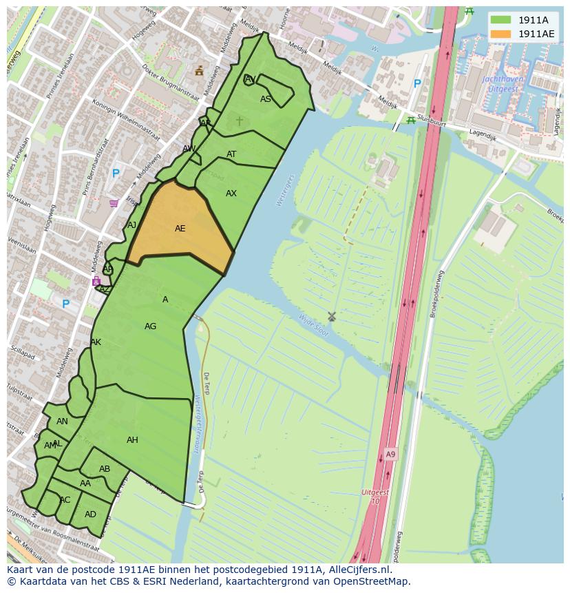Afbeelding van het postcodegebied 1911 AE op de kaart.