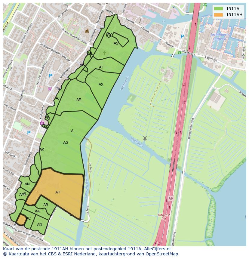 Afbeelding van het postcodegebied 1911 AH op de kaart.