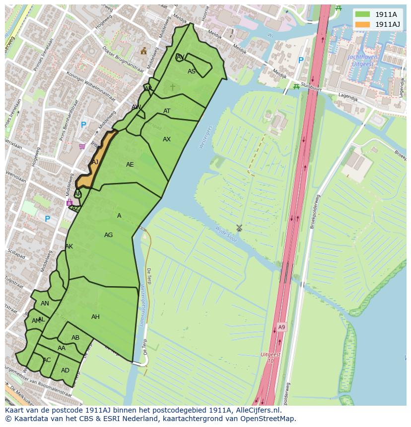 Afbeelding van het postcodegebied 1911 AJ op de kaart.