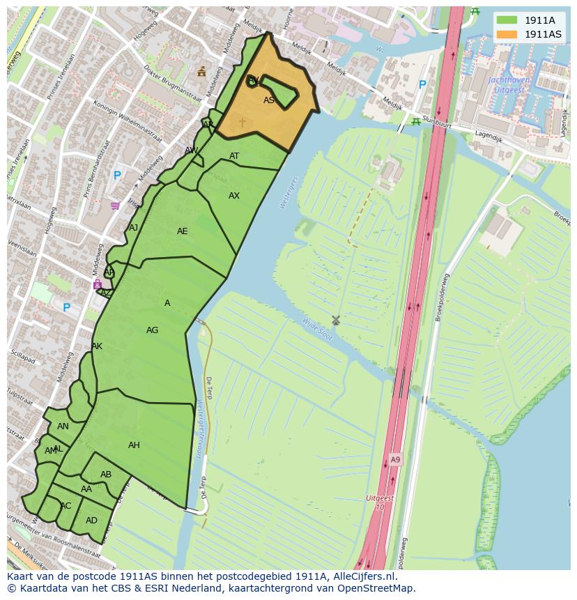 Afbeelding van het postcodegebied 1911 AS op de kaart.