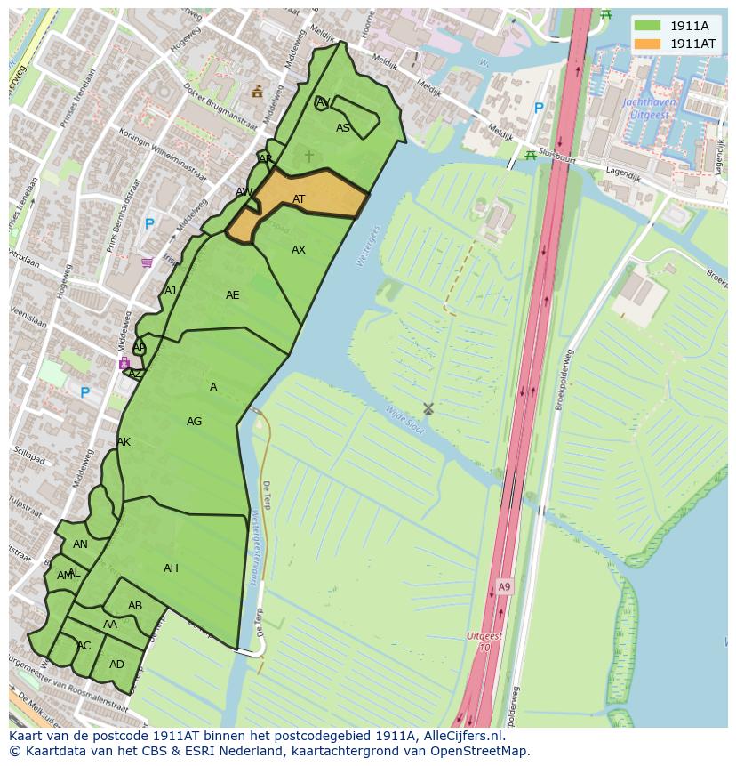 Afbeelding van het postcodegebied 1911 AT op de kaart.