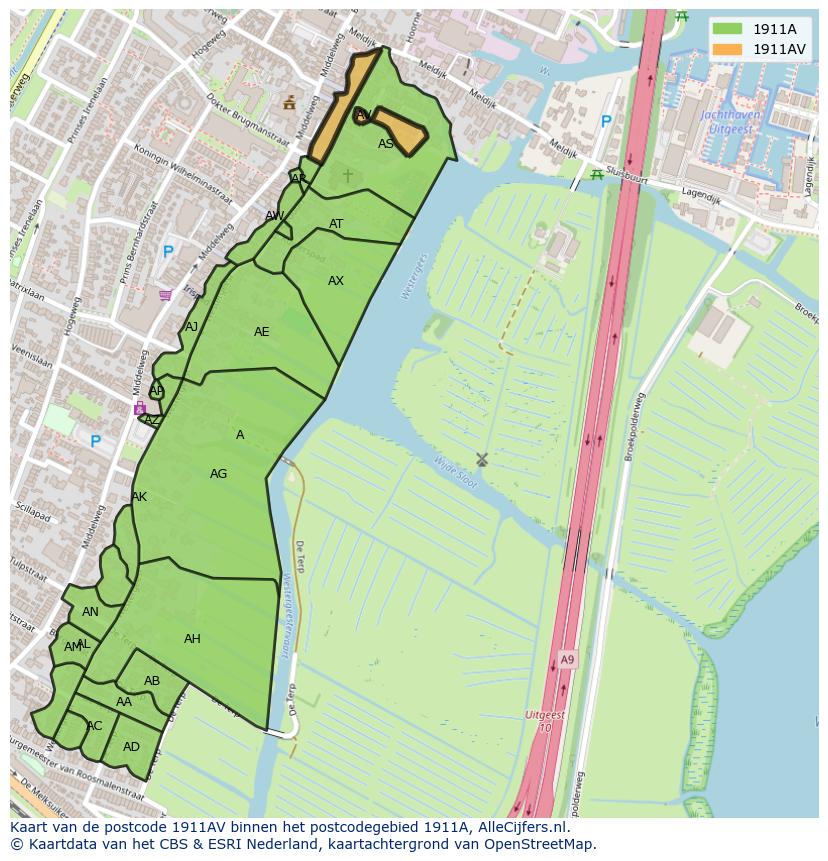 Afbeelding van het postcodegebied 1911 AV op de kaart.