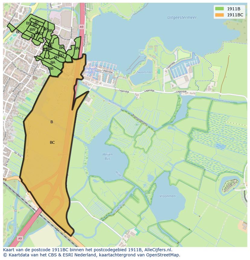 Afbeelding van het postcodegebied 1911 BC op de kaart.