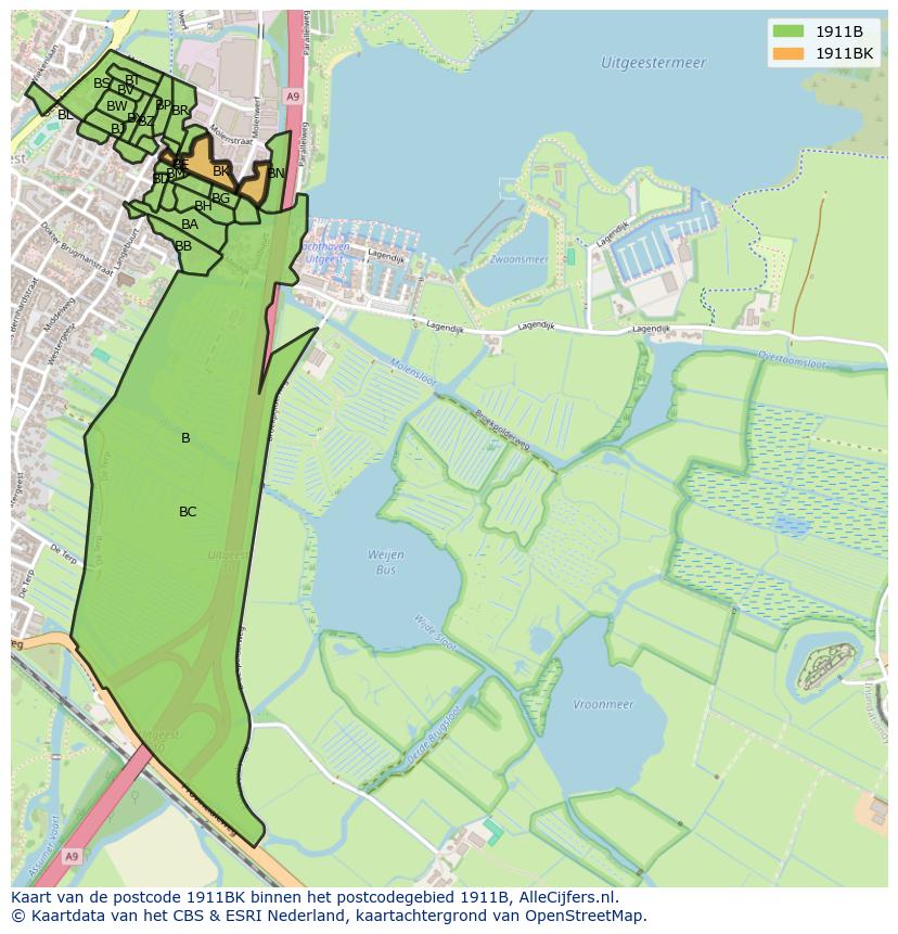 Afbeelding van het postcodegebied 1911 BK op de kaart.