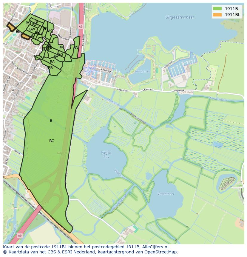 Afbeelding van het postcodegebied 1911 BL op de kaart.