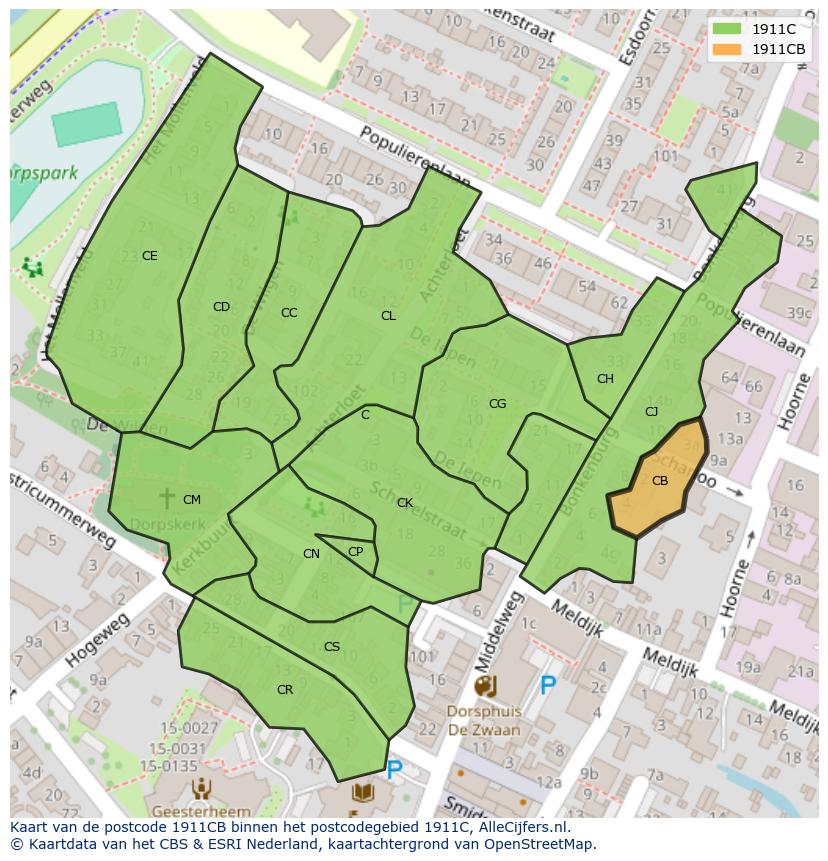 Afbeelding van het postcodegebied 1911 CB op de kaart.