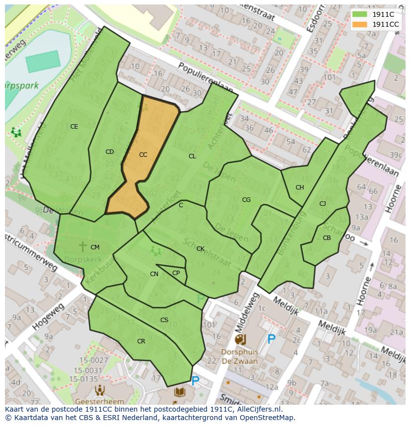 Afbeelding van het postcodegebied 1911 CC op de kaart.