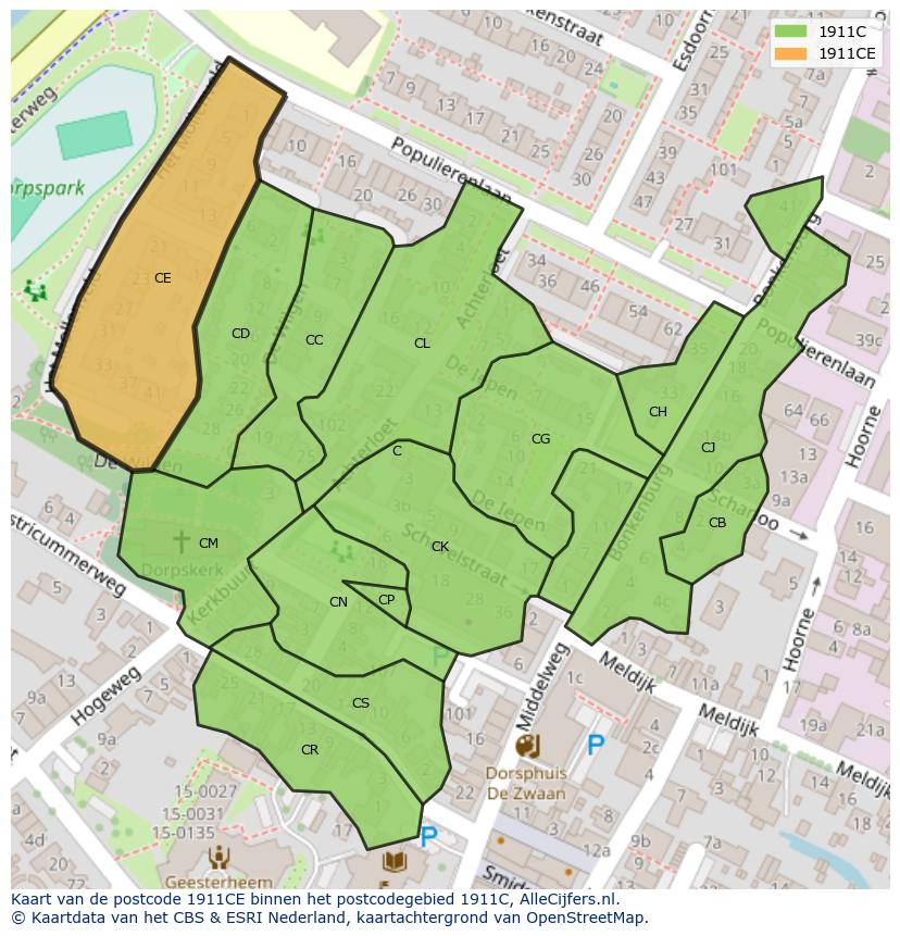 Afbeelding van het postcodegebied 1911 CE op de kaart.