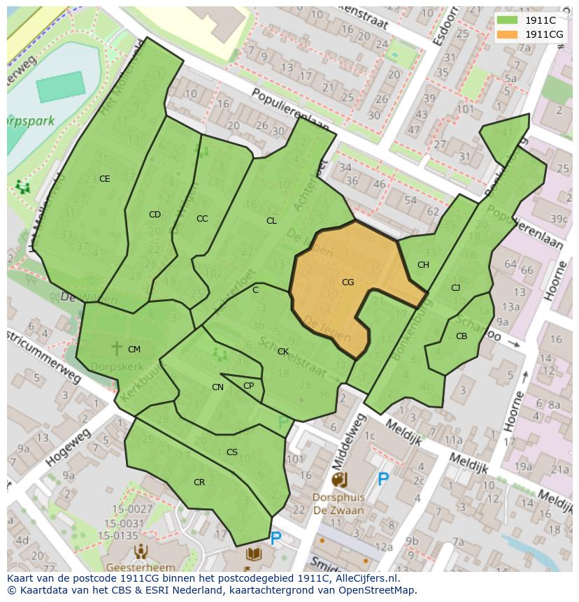 Afbeelding van het postcodegebied 1911 CG op de kaart.