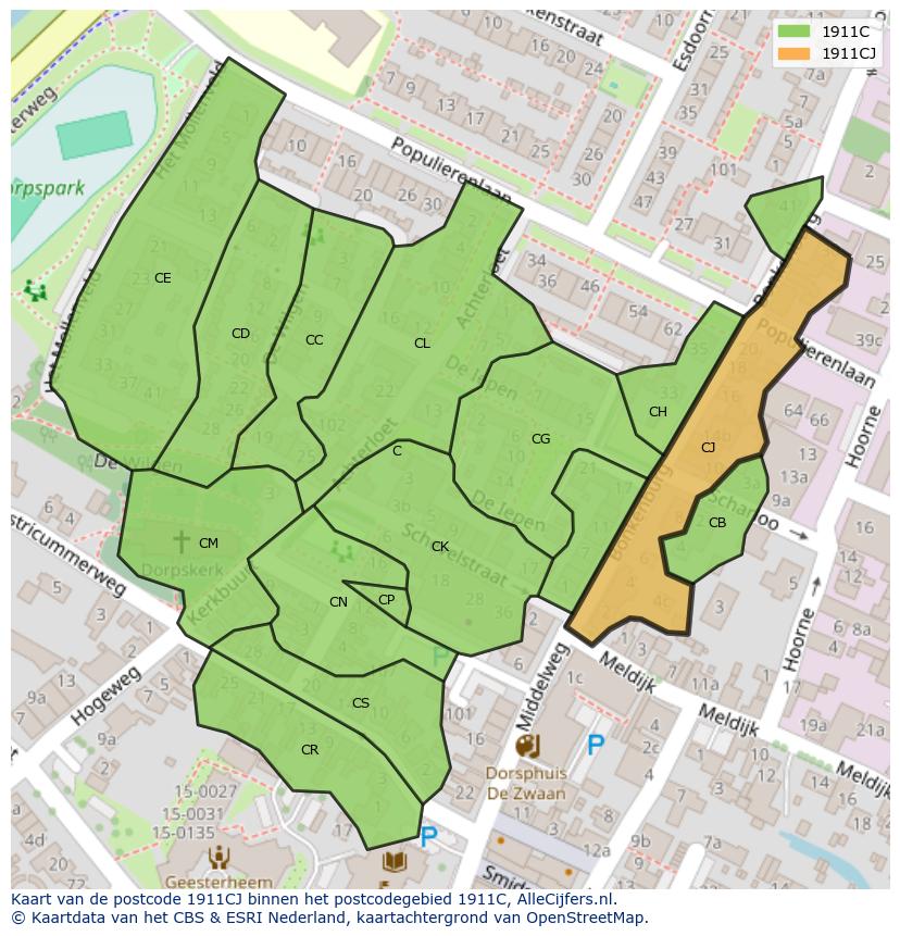 Afbeelding van het postcodegebied 1911 CJ op de kaart.