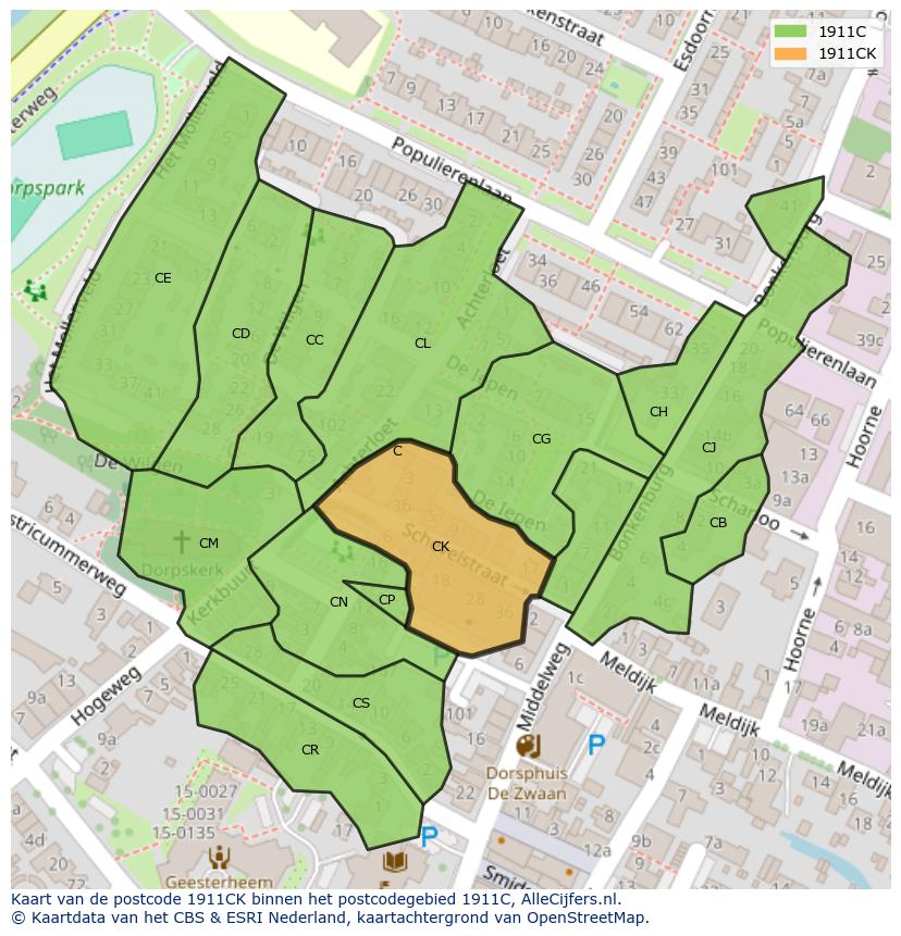 Afbeelding van het postcodegebied 1911 CK op de kaart.