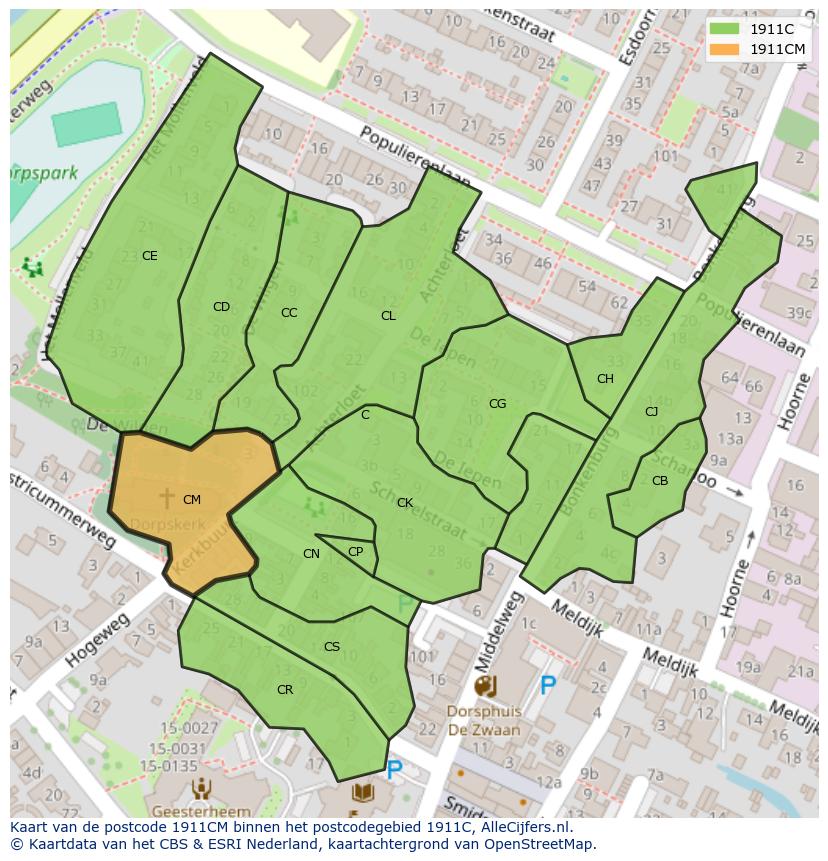 Afbeelding van het postcodegebied 1911 CM op de kaart.