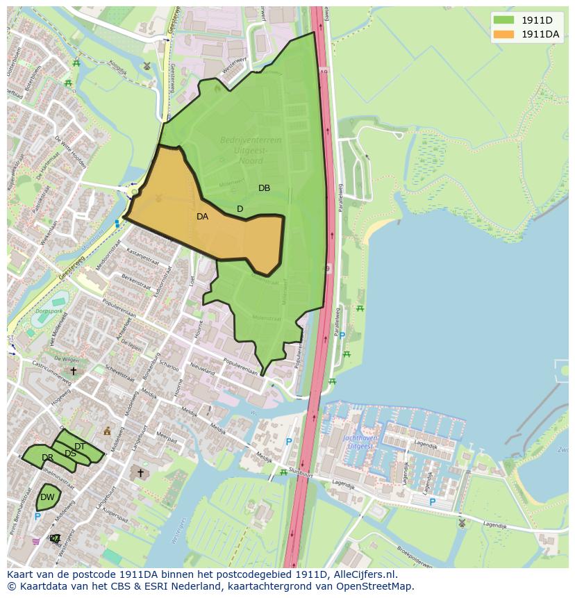Afbeelding van het postcodegebied 1911 DA op de kaart.