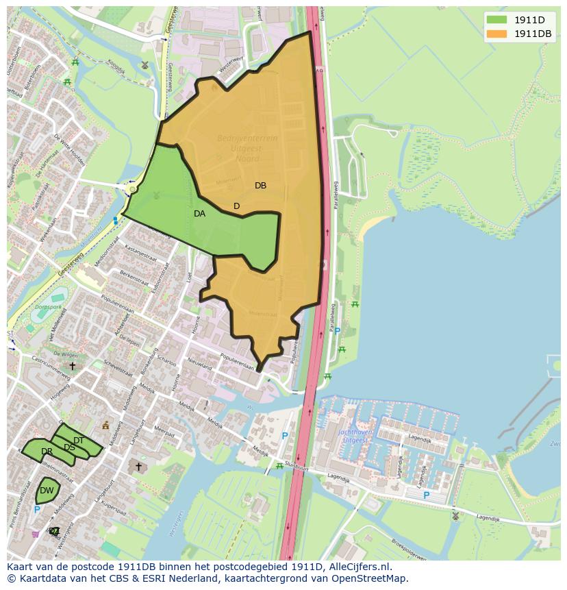 Afbeelding van het postcodegebied 1911 DB op de kaart.