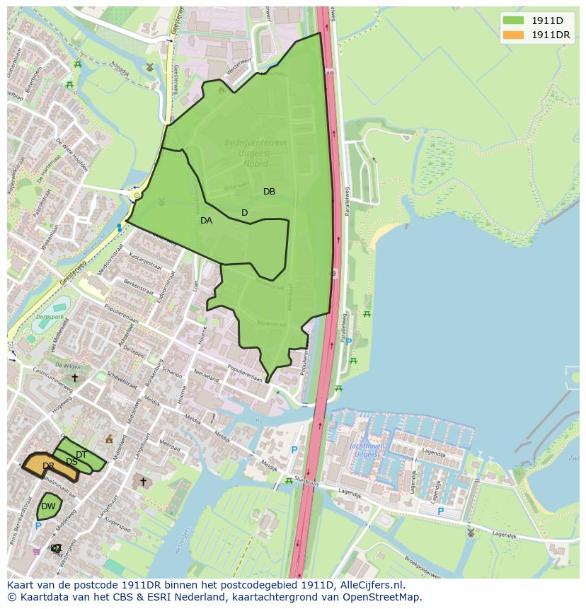Afbeelding van het postcodegebied 1911 DR op de kaart.