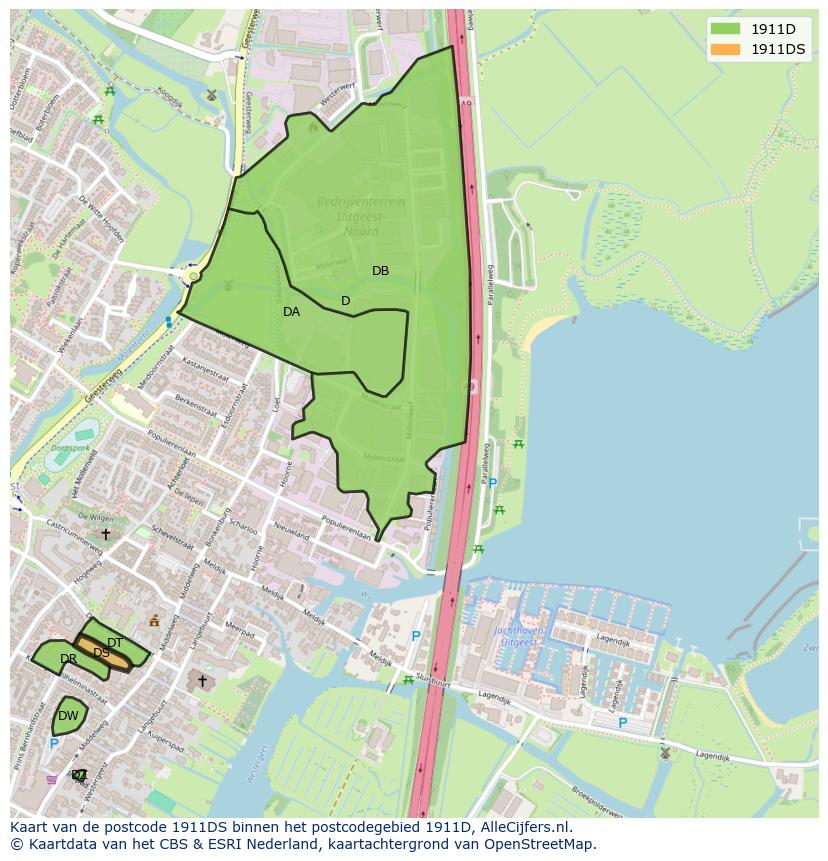 Afbeelding van het postcodegebied 1911 DS op de kaart.
