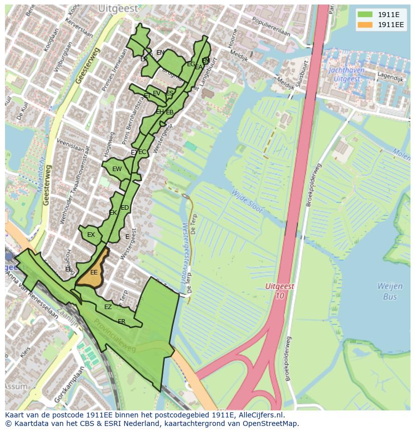 Afbeelding van het postcodegebied 1911 EE op de kaart.
