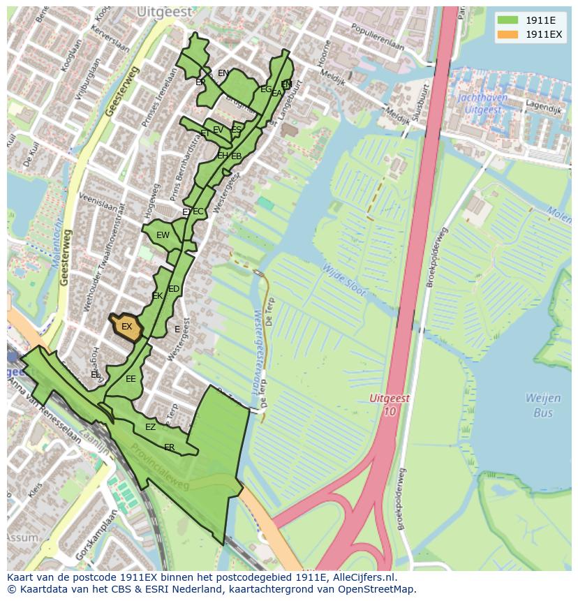 Afbeelding van het postcodegebied 1911 EX op de kaart.