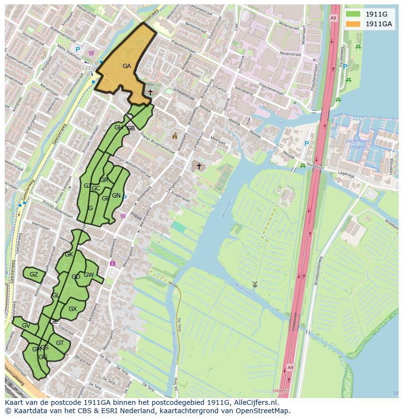 Afbeelding van het postcodegebied 1911 GA op de kaart.