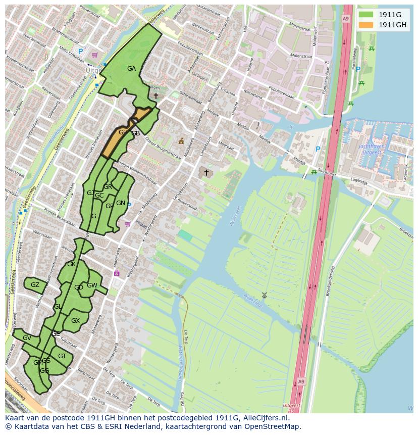 Afbeelding van het postcodegebied 1911 GH op de kaart.