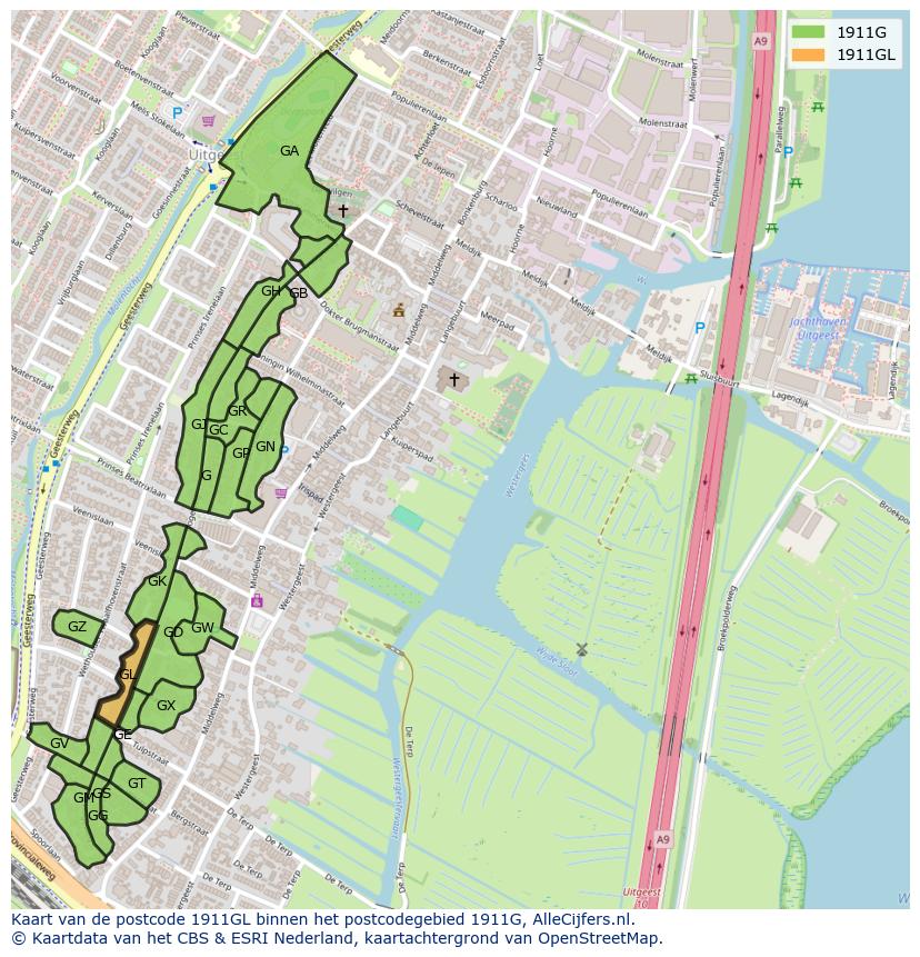 Afbeelding van het postcodegebied 1911 GL op de kaart.