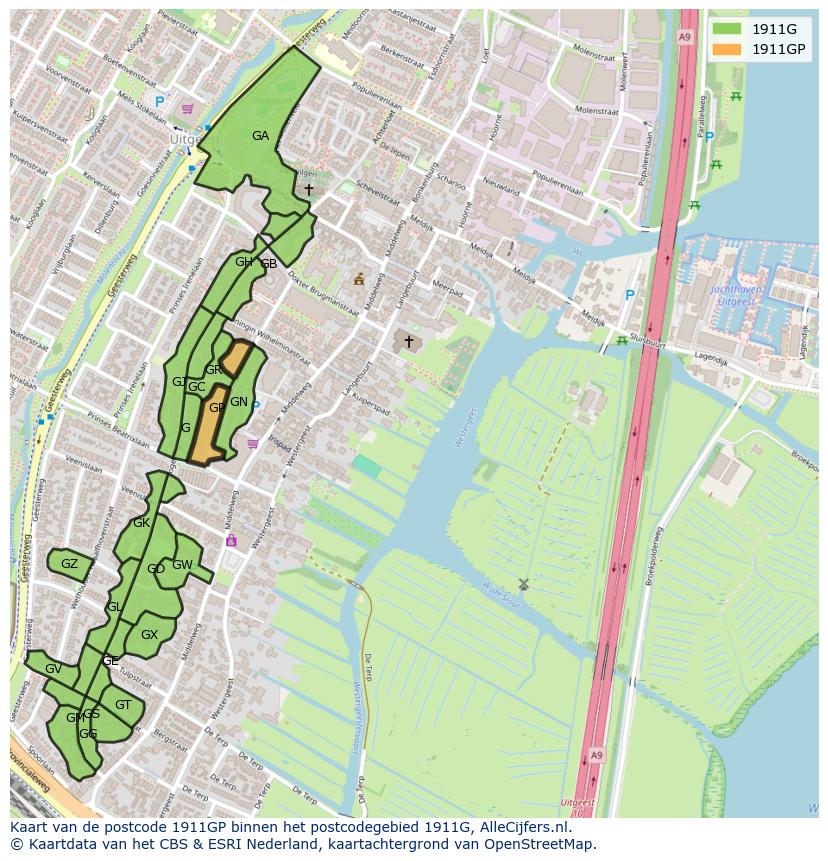 Afbeelding van het postcodegebied 1911 GP op de kaart.