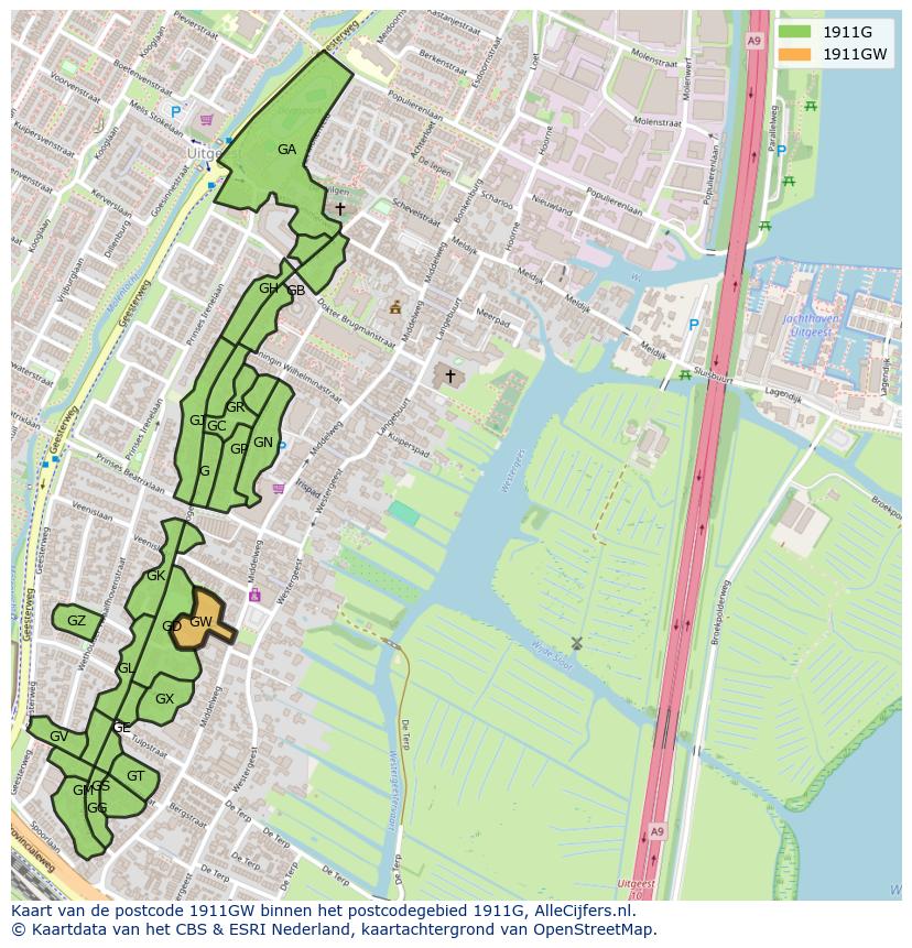 Afbeelding van het postcodegebied 1911 GW op de kaart.