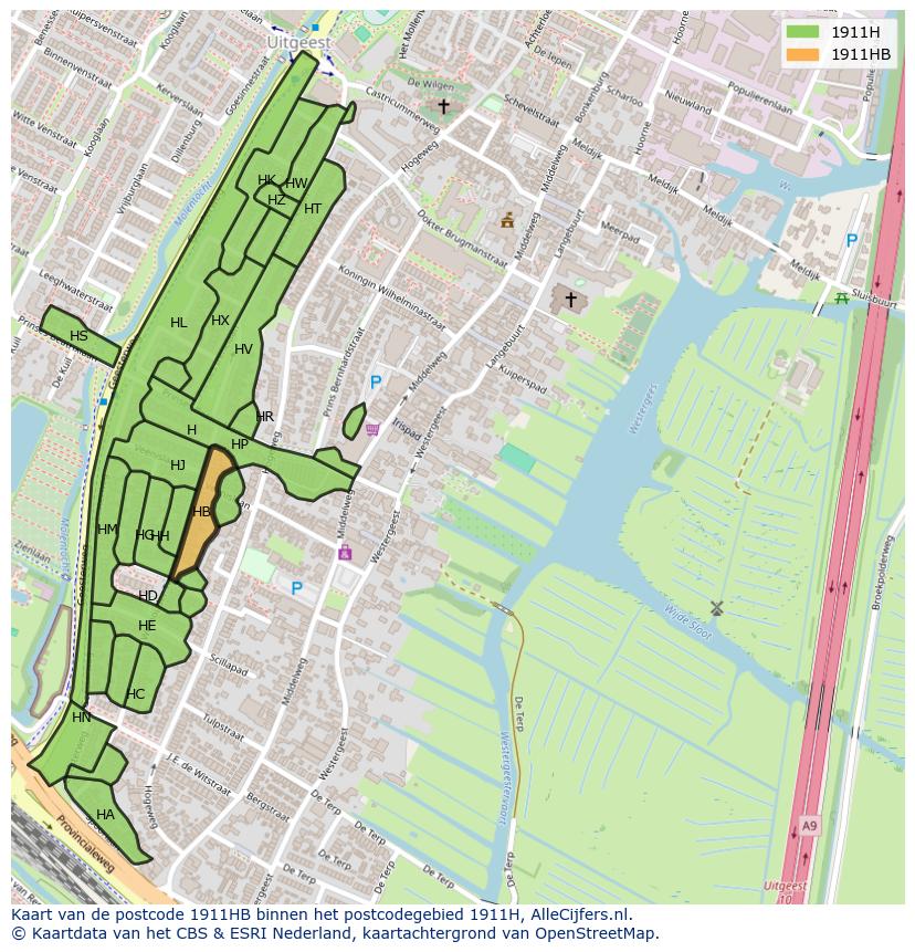 Afbeelding van het postcodegebied 1911 HB op de kaart.
