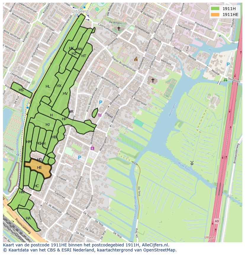 Afbeelding van het postcodegebied 1911 HE op de kaart.