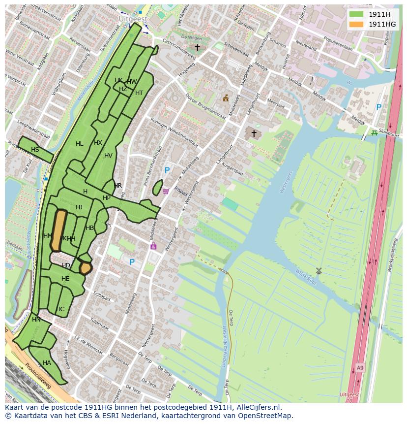 Afbeelding van het postcodegebied 1911 HG op de kaart.