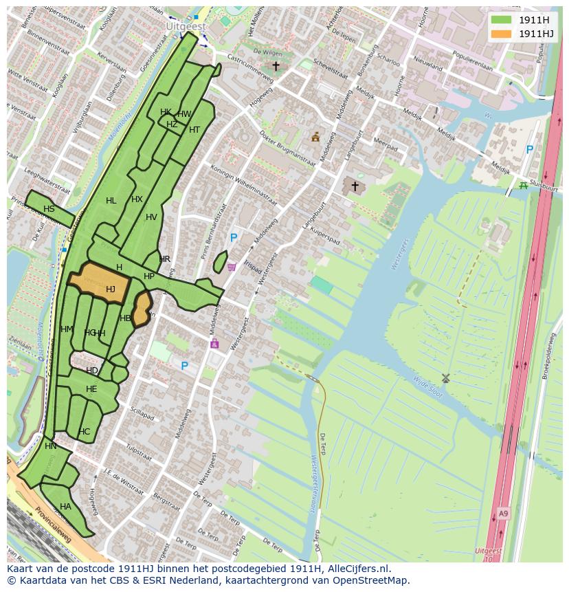 Afbeelding van het postcodegebied 1911 HJ op de kaart.