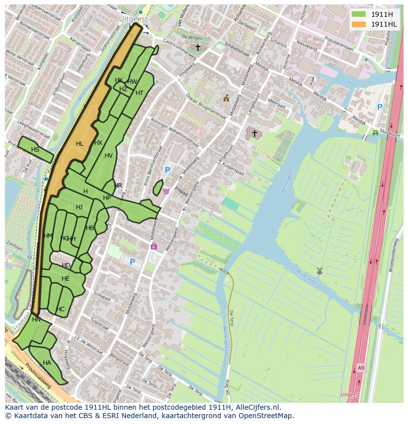 Afbeelding van het postcodegebied 1911 HL op de kaart.