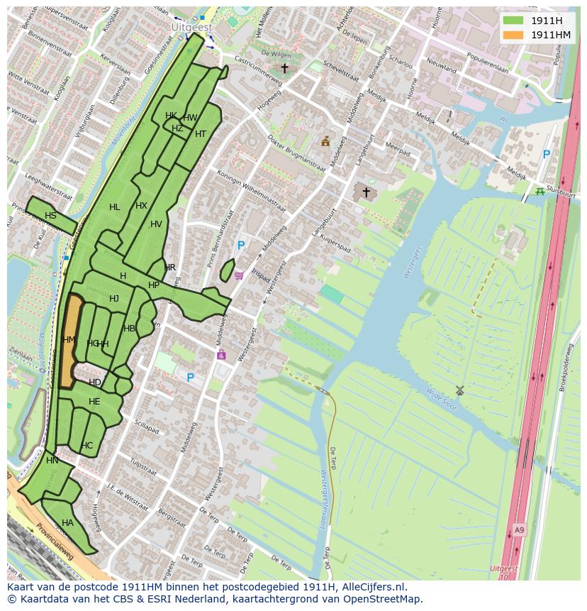 Afbeelding van het postcodegebied 1911 HM op de kaart.