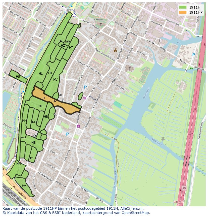 Afbeelding van het postcodegebied 1911 HP op de kaart.